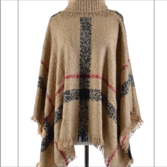 Tartan Plaid Beige Turtleneck Poncho One Size - Picture 2 of 4